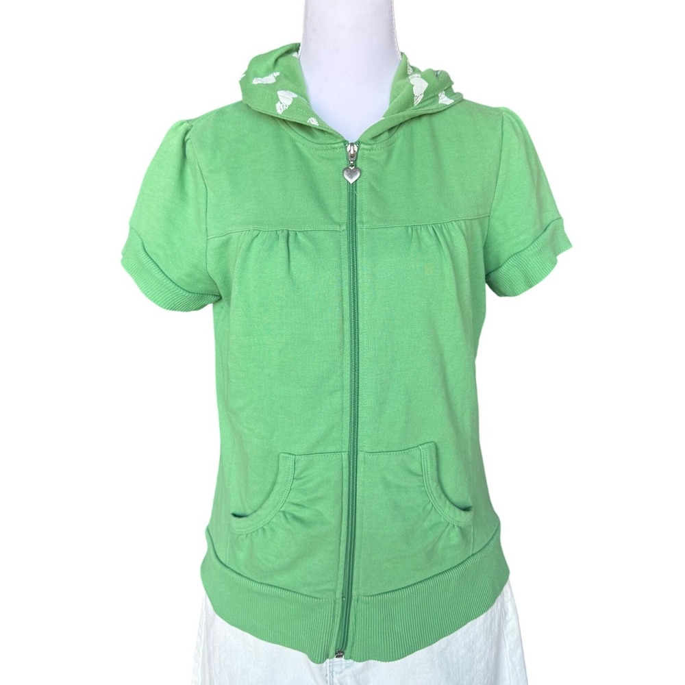 Y2K Green Hoodie Short Sleeve Heart Wings McBling Cyber Red Paint Large